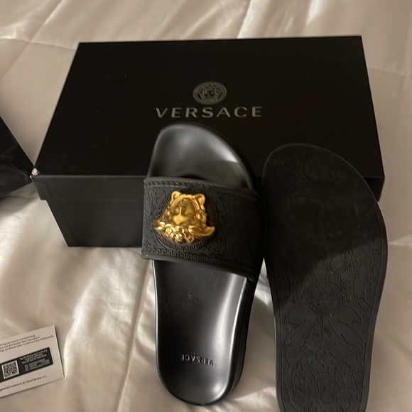 VERSACE SANDALS WITH GOLD MEDUSA AND BLACK WITH BOX, ID, TAGS, AND BAG - Picture 7 of 14